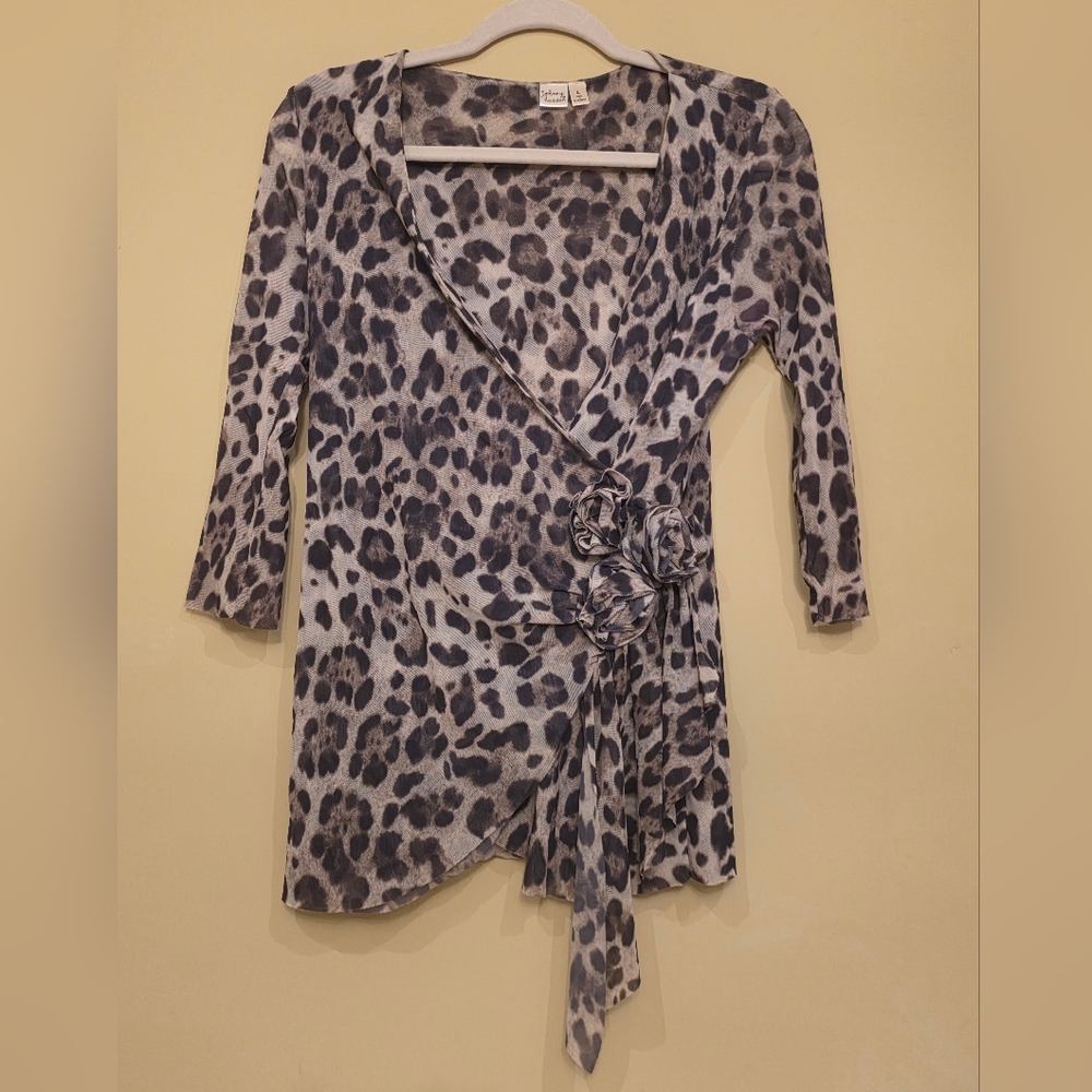 Johnny Heaven Animal Print Sheer Top Leopard Faux Wrap Top Size L